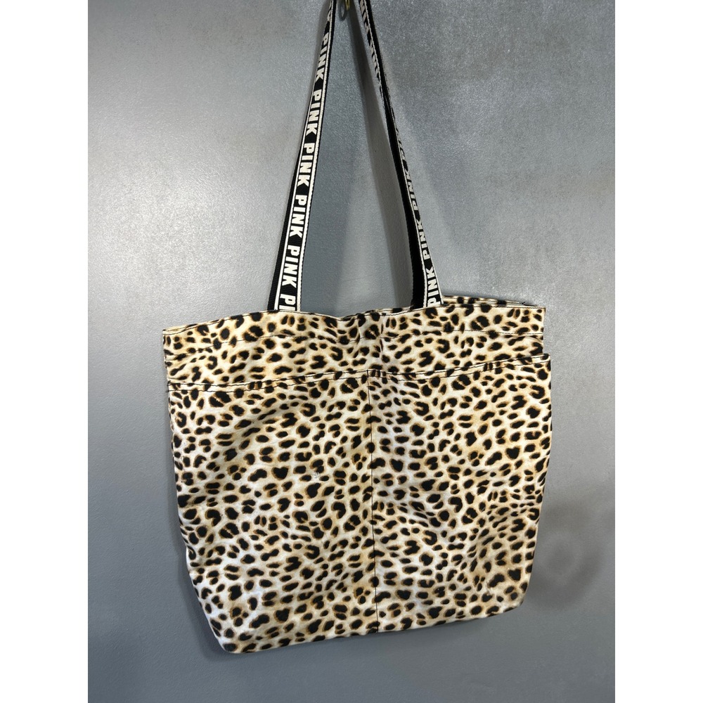 Victoria's Secret PINK Leopard Print Tote Bag Logo Straps Tan Black Cheetah